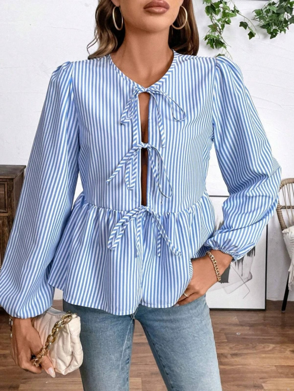 ZARA New Plaid Striped Hollow Out Puff Long Sleeve Tie Bow Blouse